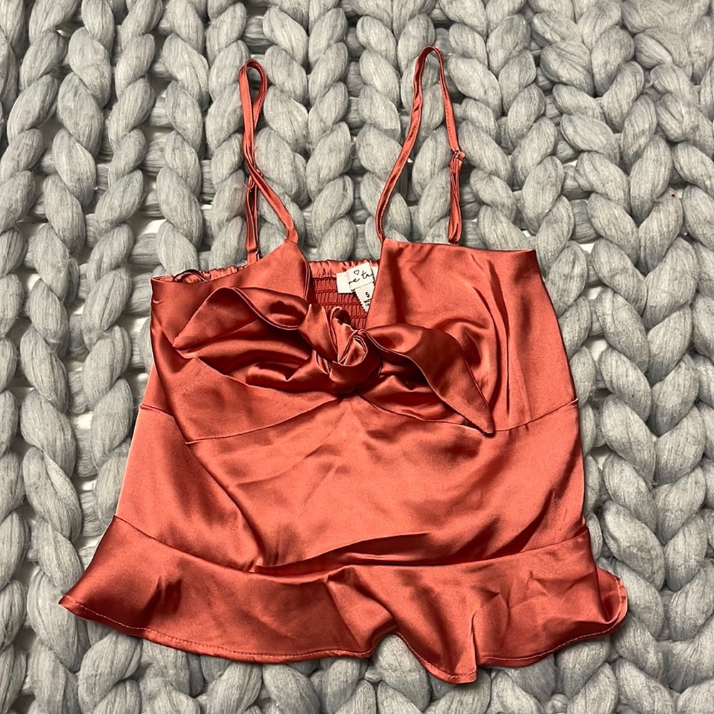 satin peach tie front top